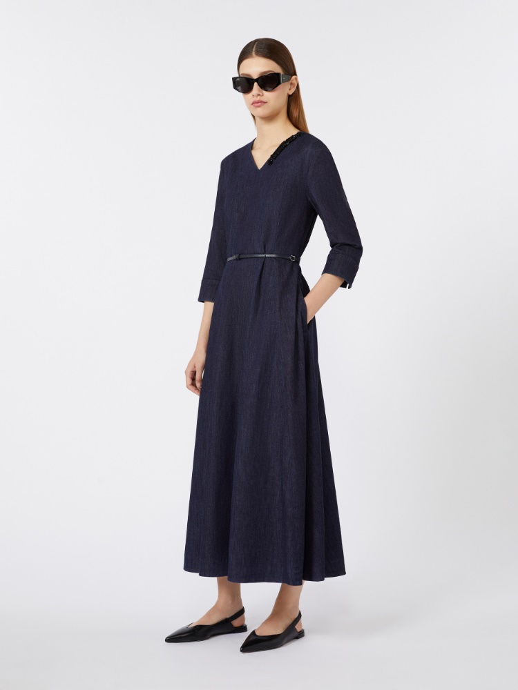 棉质混纺V领连衣裙 - 深蓝色 - Marina Rinaldi