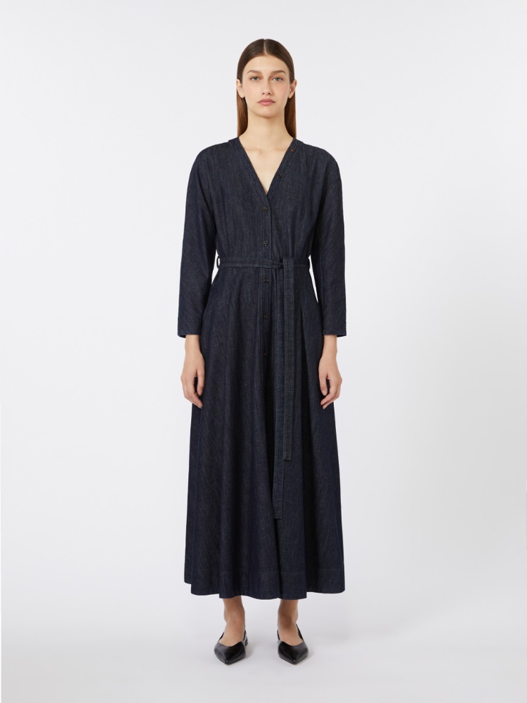 棉质混纺V领连衣裙 - 蓝色 - Marina Rinaldi - 2