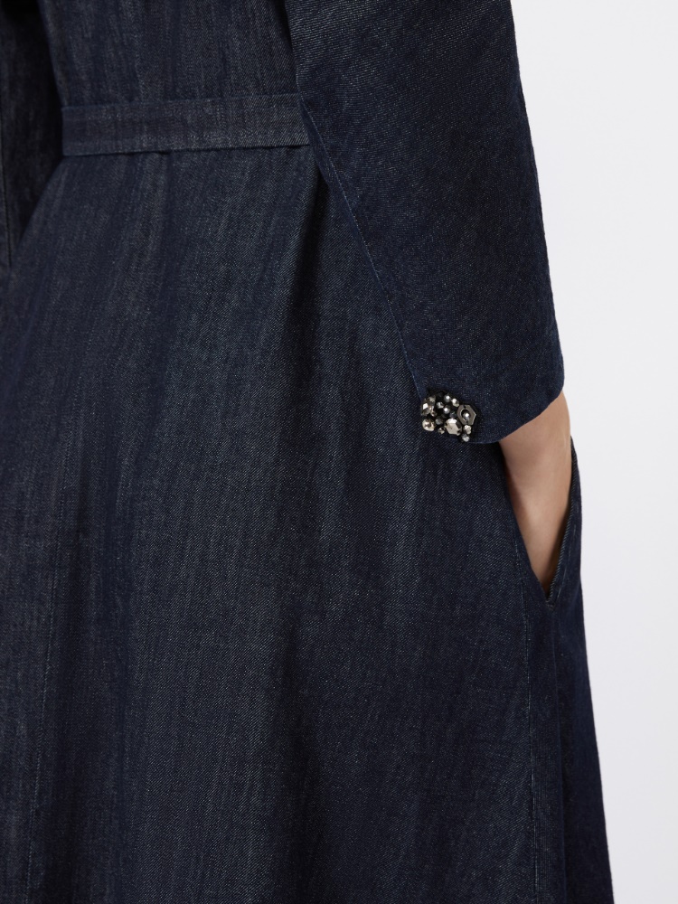 棉质混纺V领连衣裙 - 蓝色 - Marina Rinaldi - 4