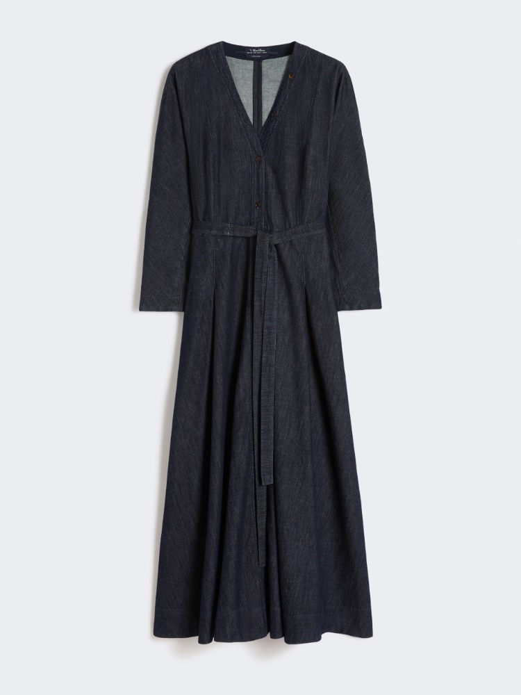 棉质混纺V领连衣裙 - 蓝色 - Marina Rinaldi - 6