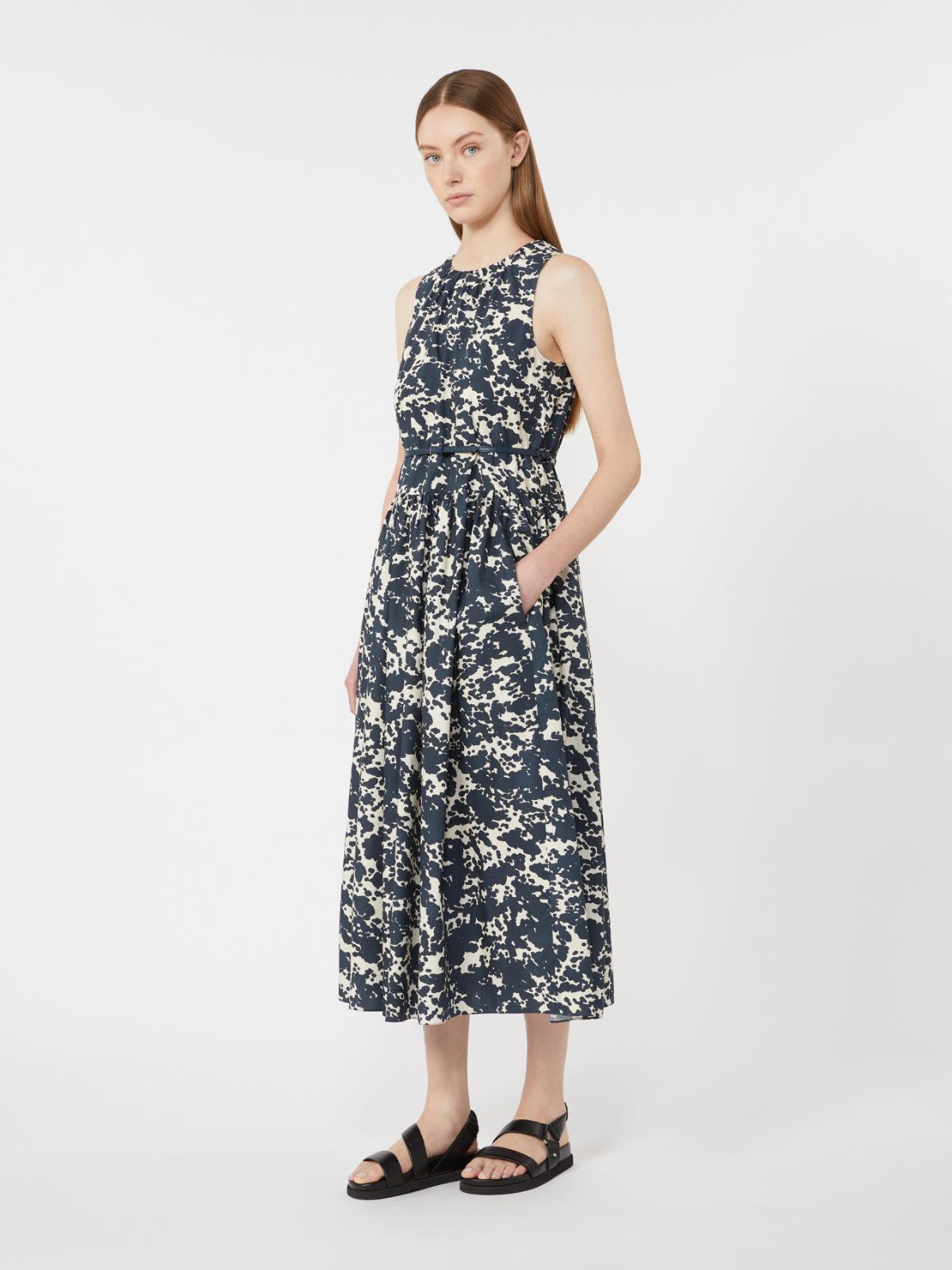 Printed cotton dress with belt - 蓝色 - Marina Rinaldi