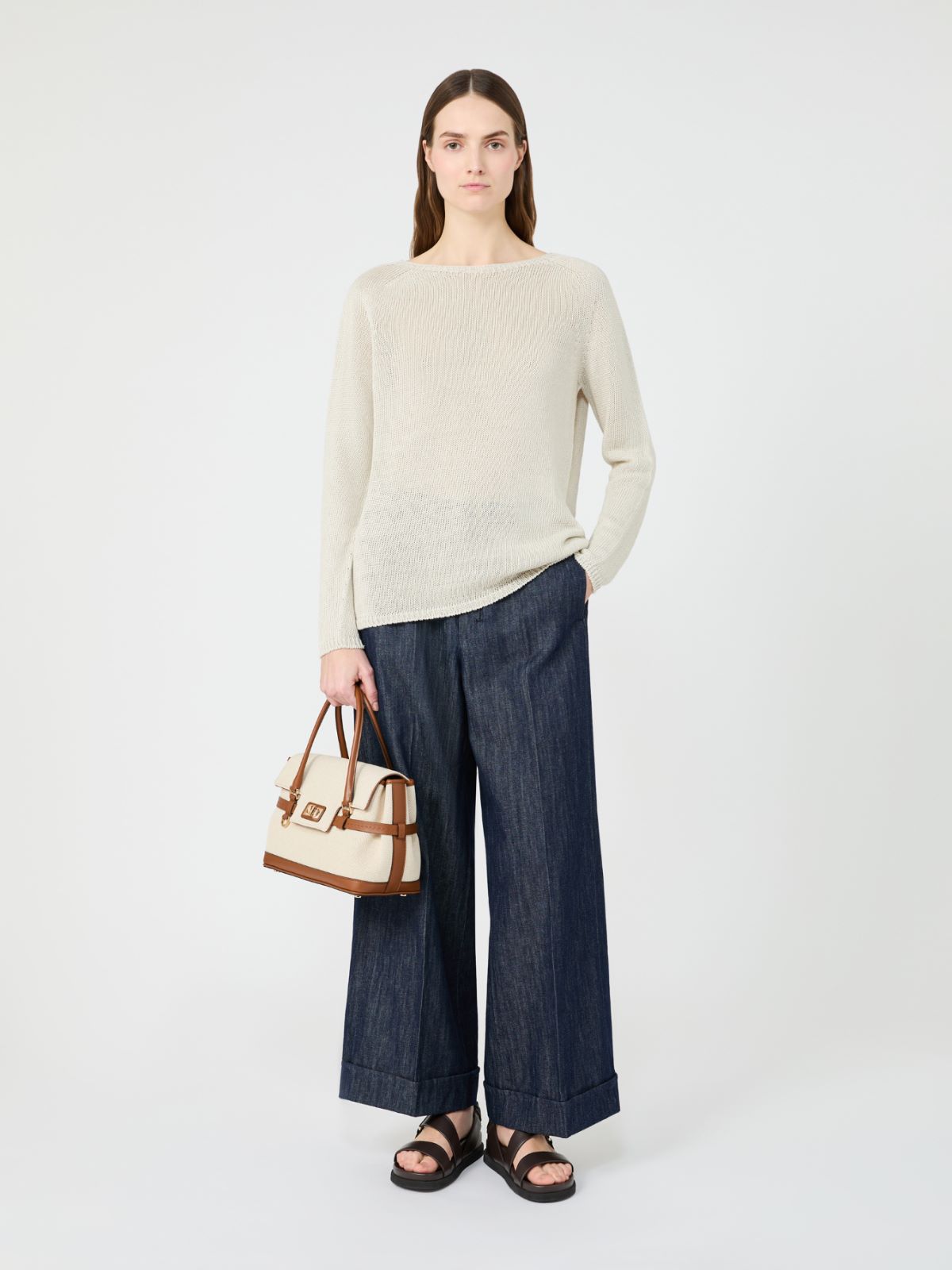 亚麻基础款圆领针织衫 - 白色 - Marina Rinaldi