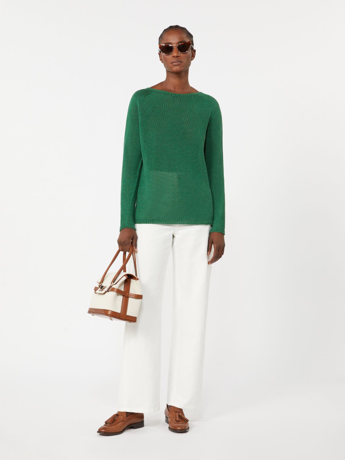 亚麻基础款圆领针织衫 - 绿色 - Marina Rinaldi