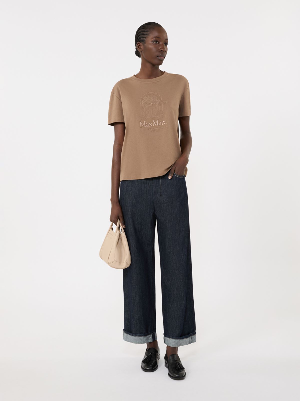 棉质针织短袖T恤 - 浅棕色 - Marina Rinaldi