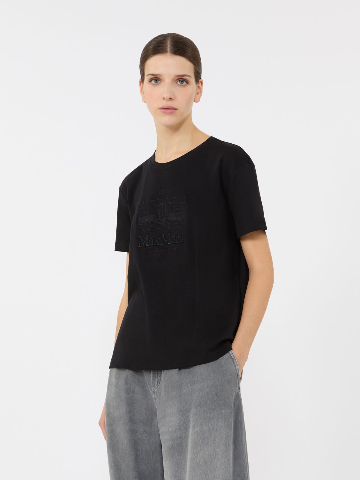 棉质针织短袖T恤 - 黑色 - Marina Rinaldi - 2