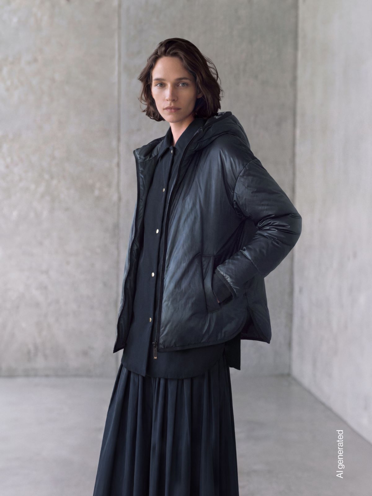 Oversize拉链连帽棉服 - 深蓝色 - Marina Rinaldi